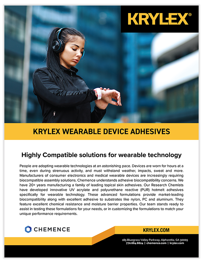 Krylex wearable device adhesives showing woman listening to music while checking watch